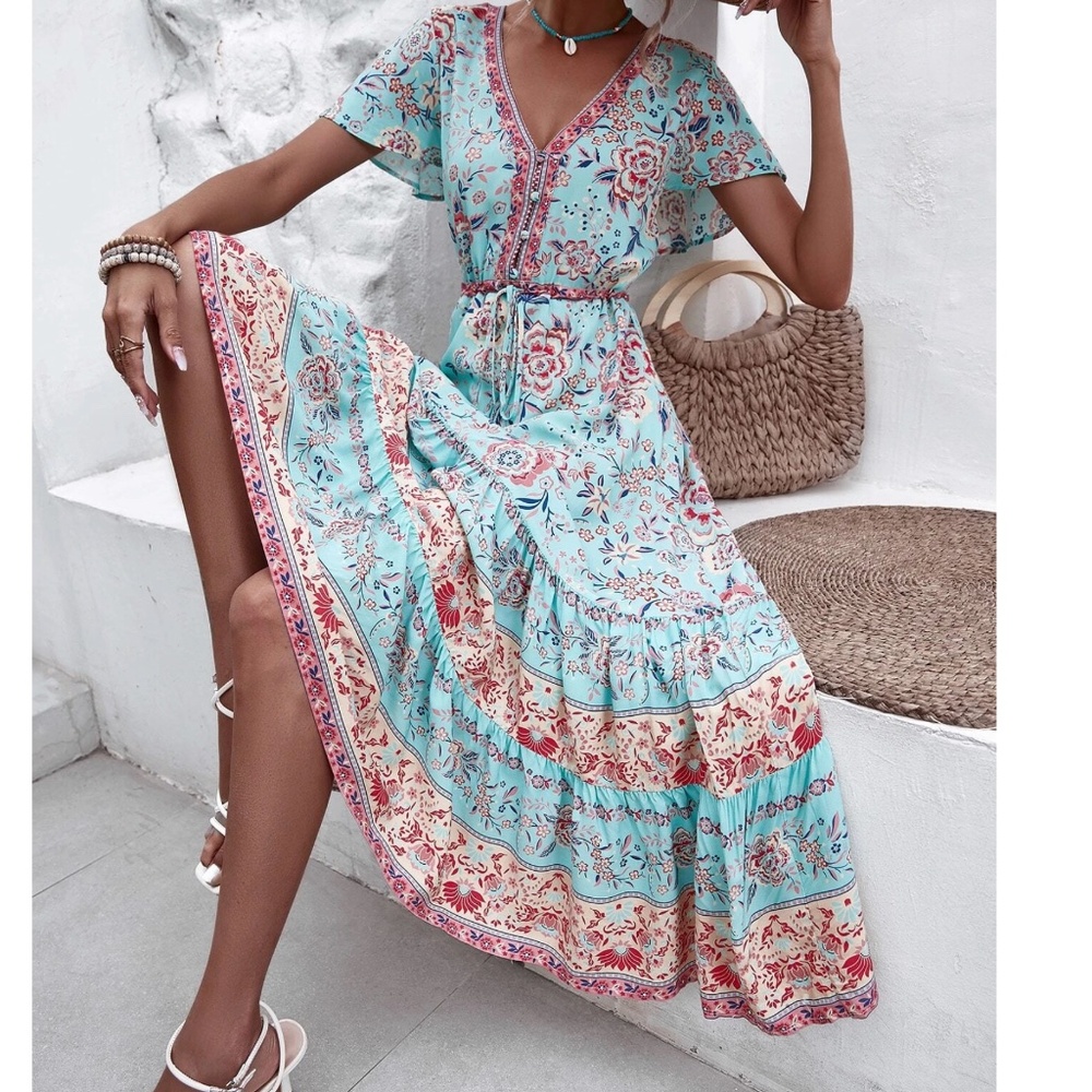 Boho Floral print V neck Butterfly Sleeve Ruffle Hem Dress